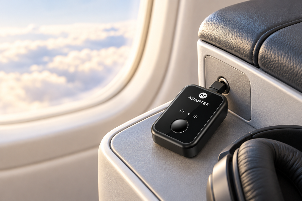 BT Adapter plugged into an airplane armrest beside wireless headphones