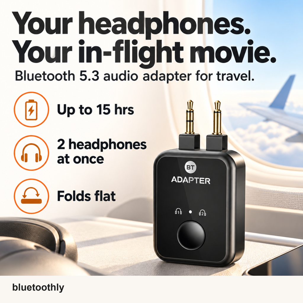 BT Adapter: up to 15 hours, 2 headphones at once, folds flat
