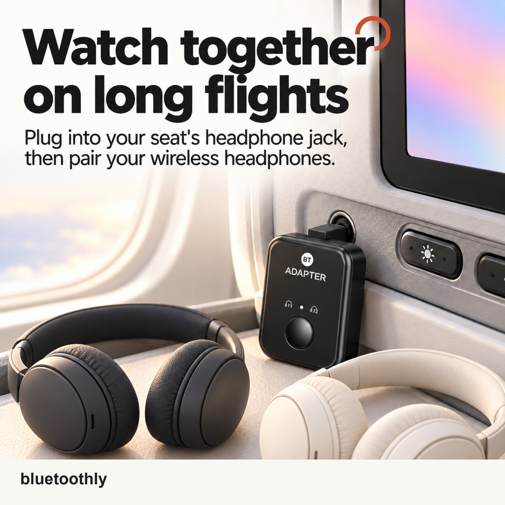 BT Adapter plugged into an airplane seat headphone jack with wireless headphones