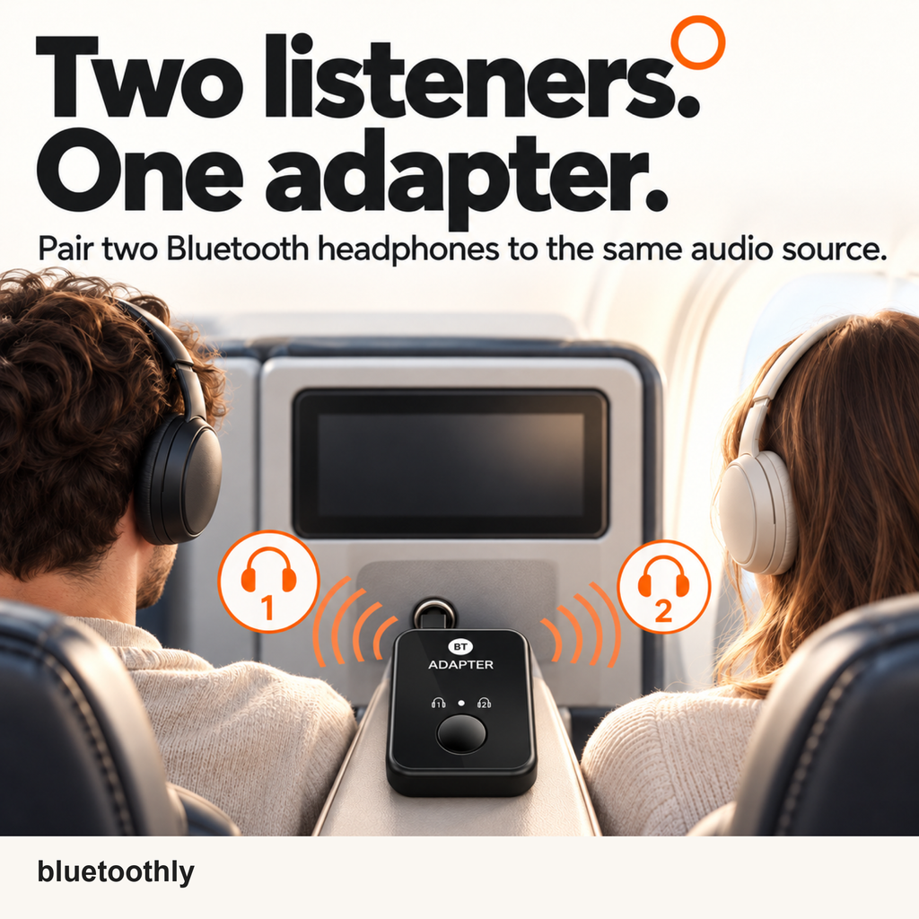 Two travellers listening to one BT Adapter with Bluetooth headphones