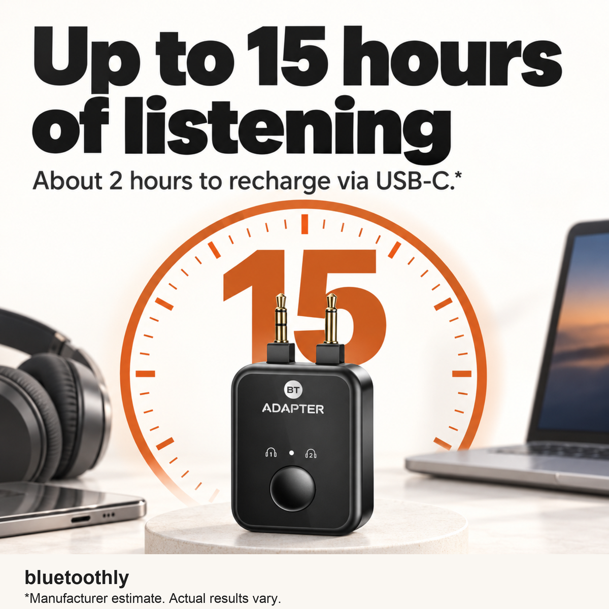 Up to 15 hours of listening, about 2 hours to recharge via USB-C