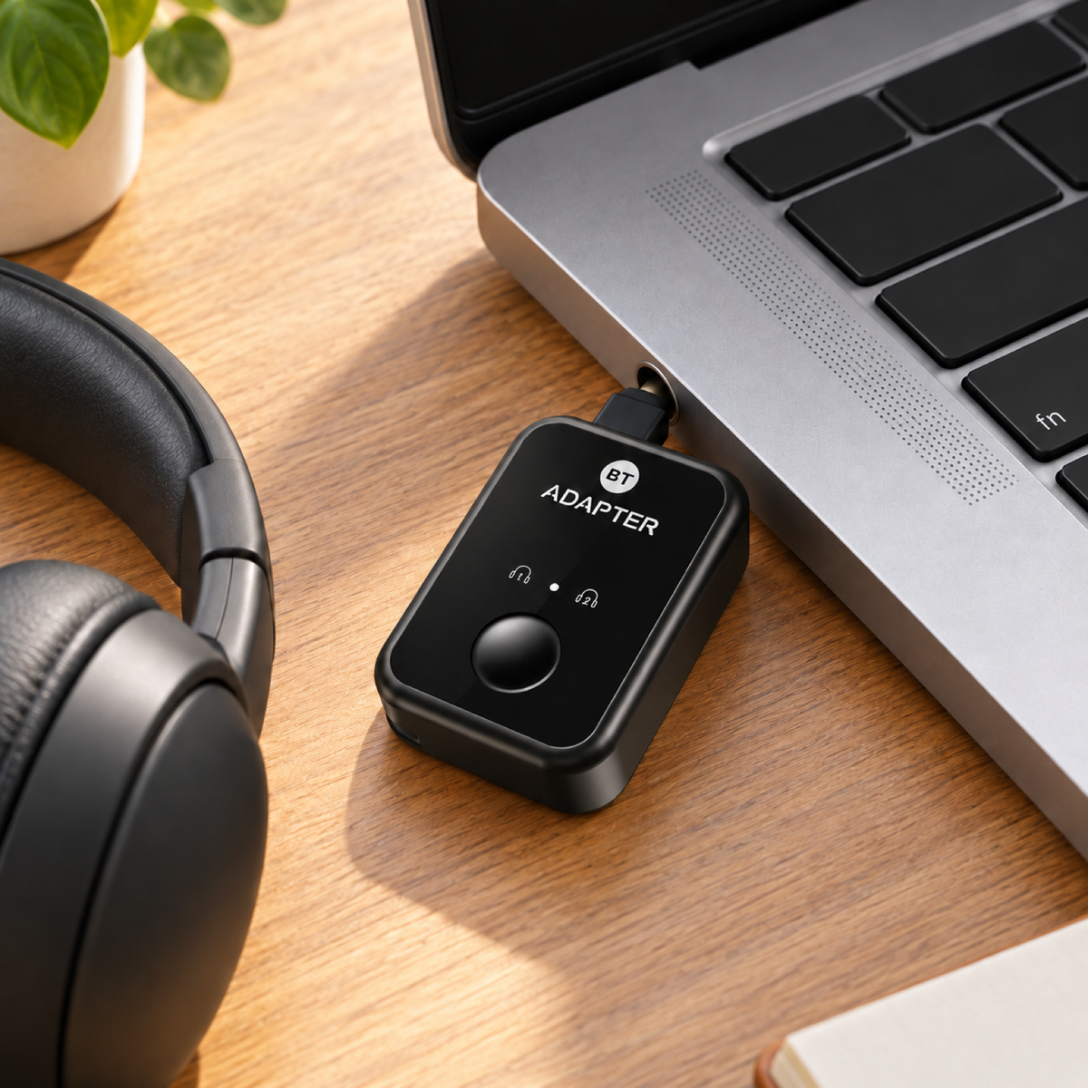BT Adapter plugged into a laptop headphone jack beside wireless headphones