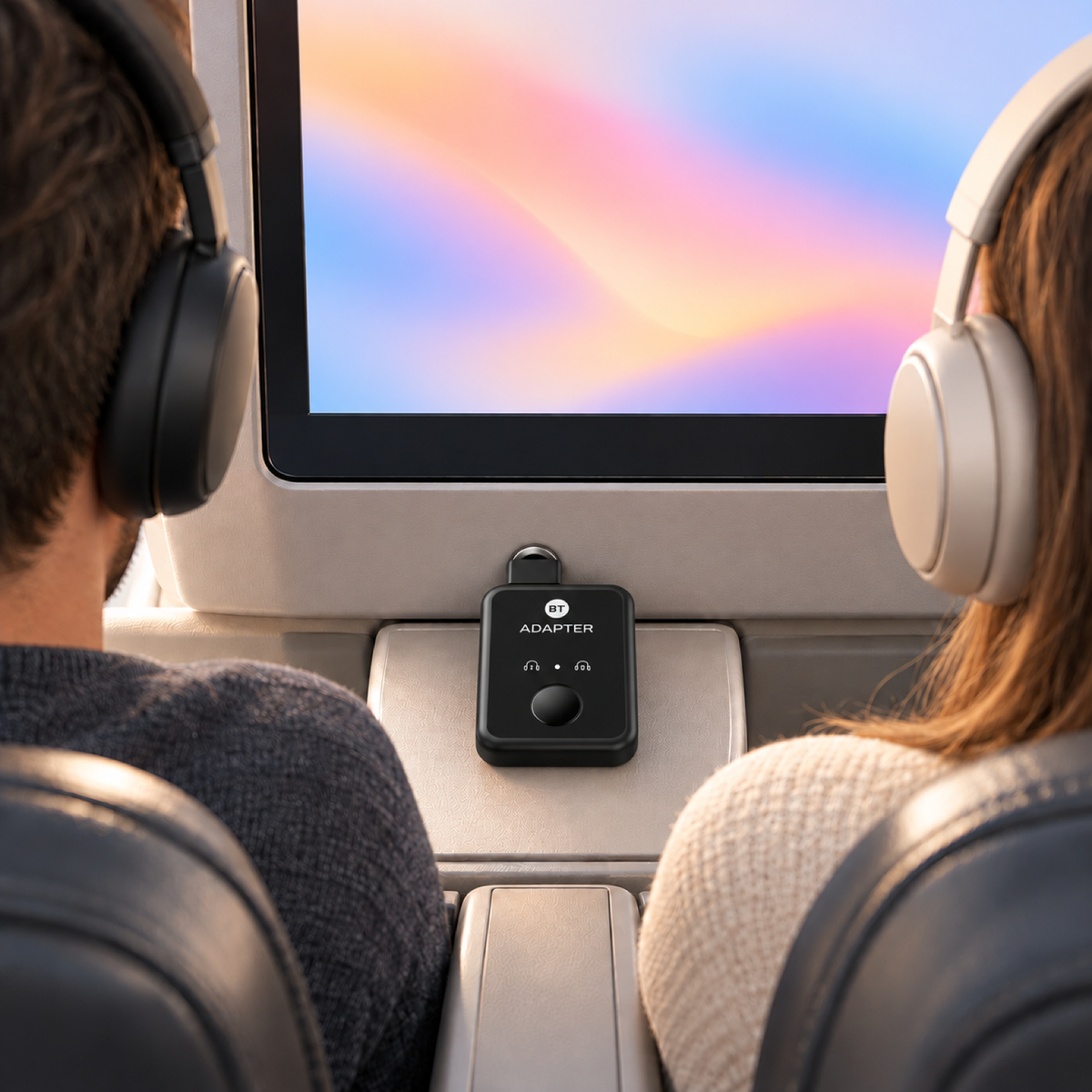 Two travellers sharing one BT Adapter on a flight