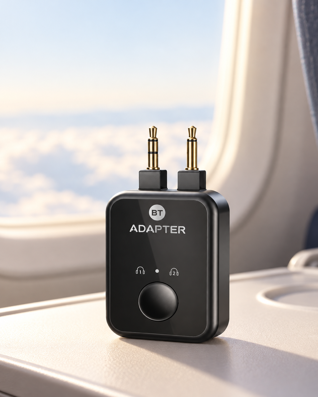 BT Adapter on an airplane tray table by the window